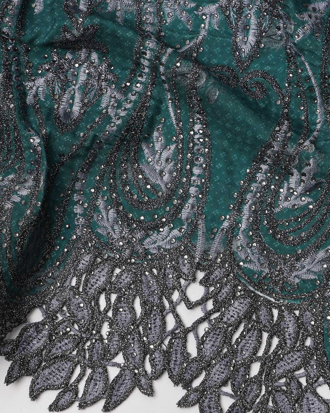 Dark Teal Cotton Fabric with Small Motifs and Heavy Black Paisley Embroidered Border, 140 Cms Width, Made in India – 3 Meters Piece-D23691 - Regal Fabrics
