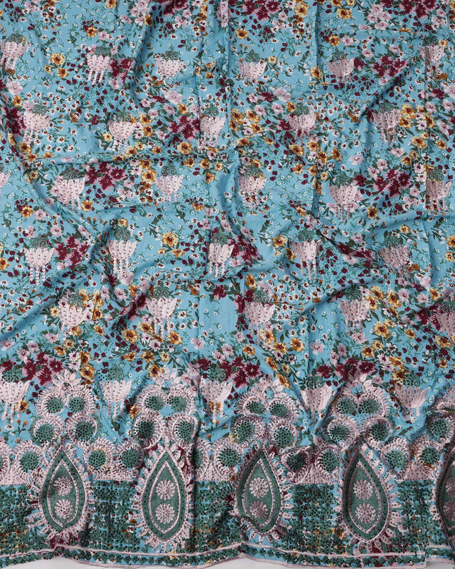 Sky Blue Floral Printed Cotton Fabric with Multicolor Embroidery and Teardrop Motif Heavy Border, 140 Cms Width, Made in India – 3 Meters Piece-D23692 - Regal Fabrics