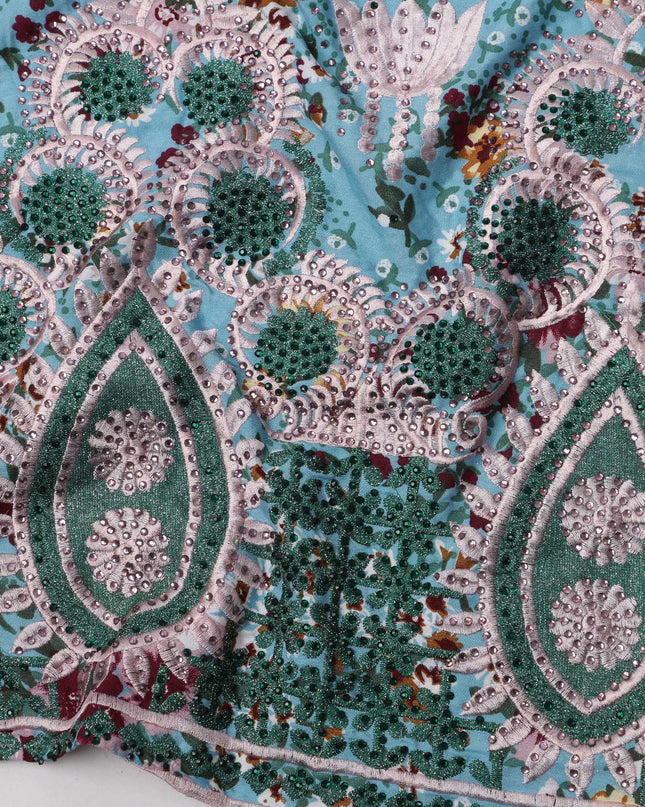 Sky Blue Floral Printed Cotton Fabric with Multicolor Embroidery and Teardrop Motif Heavy Border, 140 Cms Width, Made in India – 3 Meters Piece-D23692 - Regal Fabrics