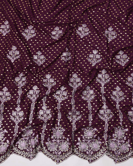 Deep Wine Cotton Fabric with Gold Foil Buti, Lilac Floral Embroidery and Scalloped Border, 140 Cms Width, Made in India – 3 Meters Piece-D23693 - Regal Fabrics