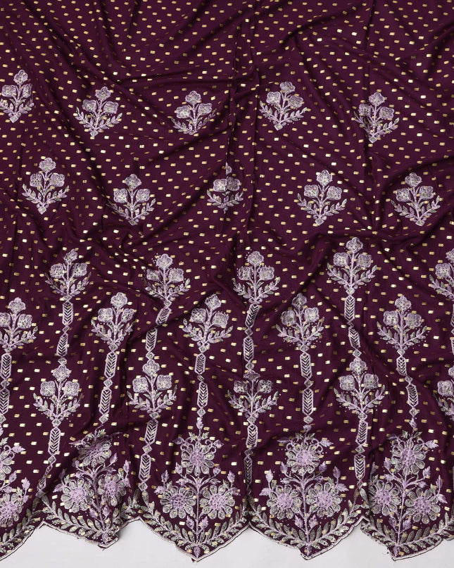 Deep Wine Cotton Fabric with Gold Foil Buti, Lilac Floral Embroidery and Scalloped Border, 140 Cms Width, Made in India – 3 Meters Piece-D23693 - Regal Fabrics