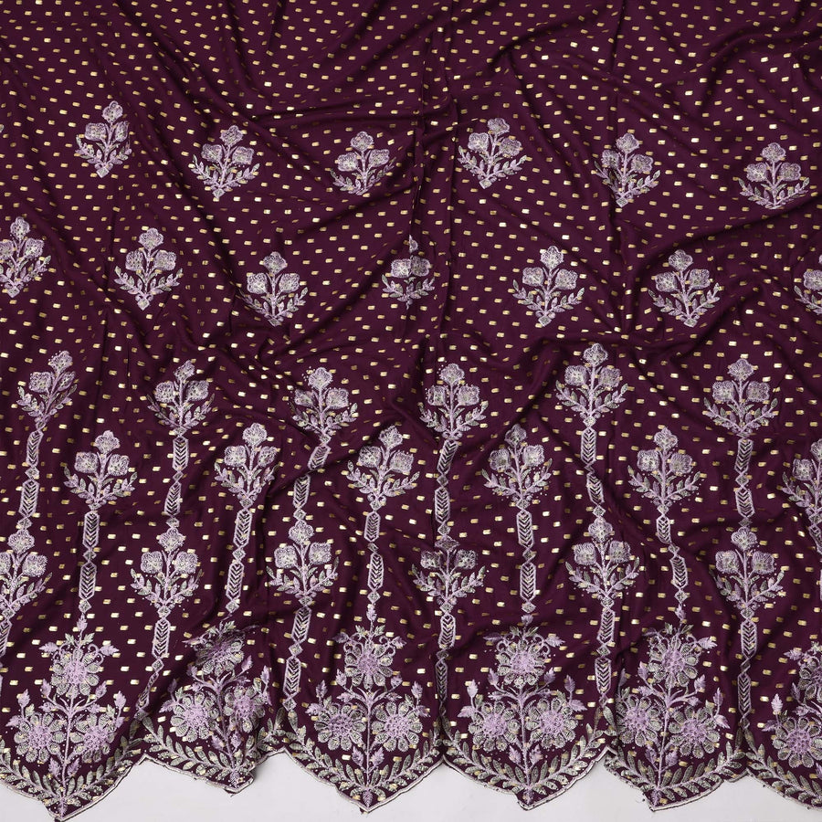 Deep Wine Cotton Fabric with Gold Foil Buti, Lilac Floral Embroidery and Scalloped Border, 140 Cms Width, Made in India – 3 Meters Piece-D23693 - Regal Fabrics