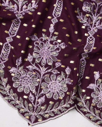 Deep Wine Cotton Fabric with Gold Foil Buti, Lilac Floral Embroidery and Scalloped Border, 140 Cms Width, Made in India – 3 Meters Piece-D23693 - Regal Fabrics
