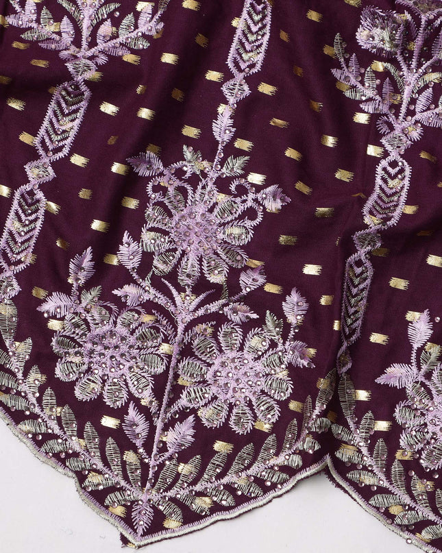 Deep Wine Cotton Fabric with Gold Foil Buti, Lilac Floral Embroidery and Scalloped Border, 140 Cms Width, Made in India – 3 Meters Piece-D23693 - Regal Fabrics