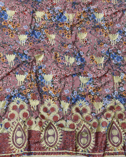 Dusty Pink Cotton Fabric with Multicolor Floral Print, Yellow Embroidery and Rich Red Teardrop Border Design, 140 Cms Width, Made in India – 3 Meters Piece-D23694 - Regal Fabrics
