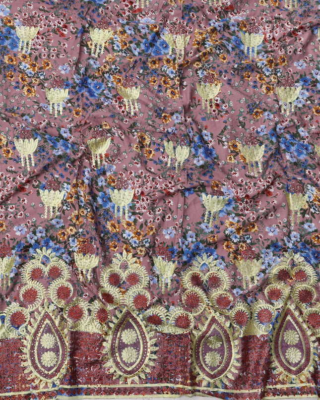 Dusty Pink Cotton Fabric with Multicolor Floral Print, Yellow Embroidery and Rich Red Teardrop Border Design, 140 Cms Width, Made in India – 3 Meters Piece-D23694 - Regal Fabrics
