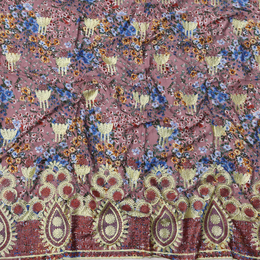 Dusty Pink Cotton Fabric with Multicolor Floral Print, Yellow Embroidery and Rich Red Teardrop Border Design, 140 Cms Width, Made in India – 3 Meters Piece-D23694 - Regal Fabrics
