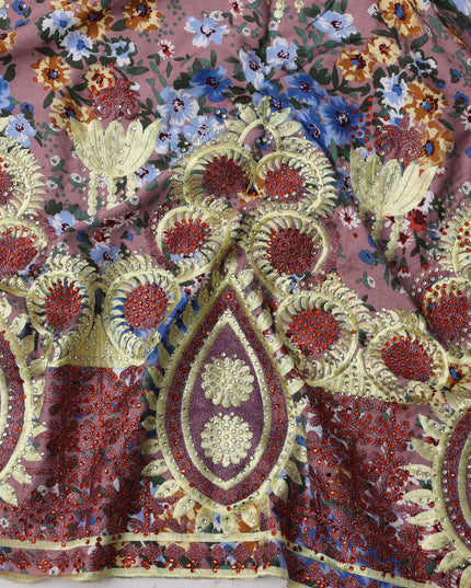 Dusty Pink Cotton Fabric with Multicolor Floral Print, Yellow Embroidery and Rich Red Teardrop Border Design, 140 Cms Width, Made in India – 3 Meters Piece-D23694 - Regal Fabrics