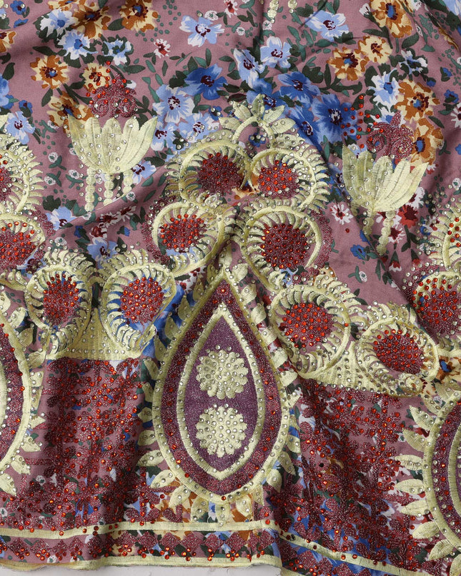 Dusty Pink Cotton Fabric with Multicolor Floral Print, Yellow Embroidery and Rich Red Teardrop Border Design, 140 Cms Width, Made in India – 3 Meters Piece-D23694 - Regal Fabrics