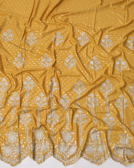 Mustard Yellow Cotton Fabric with Silver Foil Dots, White Floral Embroidery and Ornate Scalloped Border, 140 Cms Width, Made in India – 3 Meters Piece-D23695 - Regal Fabrics