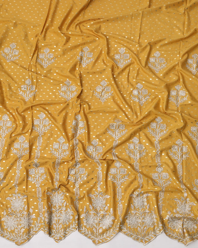 Mustard Yellow Cotton Fabric with Silver Foil Dots, White Floral Embroidery and Ornate Scalloped Border, 140 Cms Width, Made in India – 3 Meters Piece-D23695 - Regal Fabrics