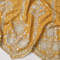 Mustard Yellow Cotton Fabric with Silver Foil Dots, White Floral Embroidery and Ornate Scalloped Border, 140 Cms Width, Made in India – 3 Meters Piece-D23695 - Regal Fabrics