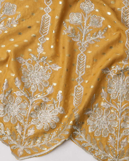 Mustard Yellow Cotton Fabric with Silver Foil Dots, White Floral Embroidery and Ornate Scalloped Border, 140 Cms Width, Made in India – 3 Meters Piece-D23695 - Regal Fabrics