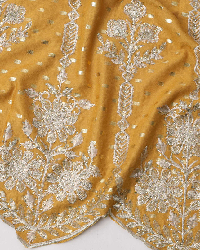 Mustard Yellow Cotton Fabric with Silver Foil Dots, White Floral Embroidery and Ornate Scalloped Border, 140 Cms Width, Made in India – 3 Meters Piece-D23695 - Regal Fabrics
