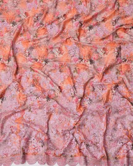 Peach Pink Floral Cotton Fabric with Multicolor Rose Print, Lavender Embroidery and Ornate Lace Border, 140 Cms Width, Made in India – 3 Meters Piece-D23696