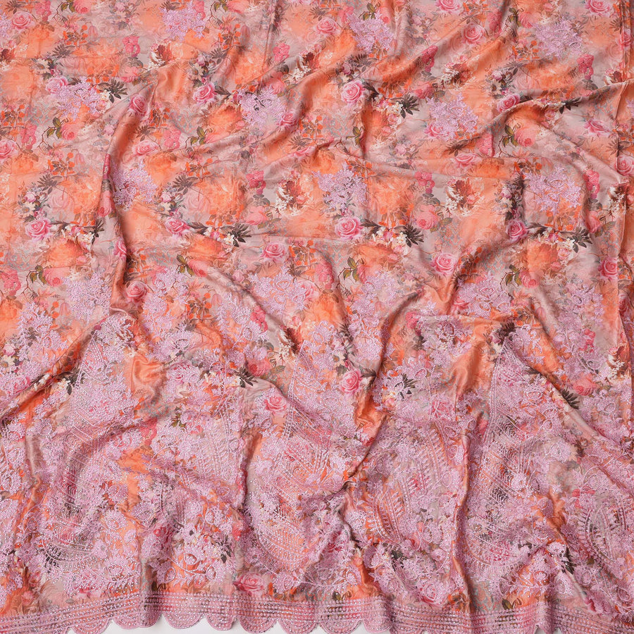 Peach Pink Floral Cotton Fabric with Multicolor Rose Print, Lavender Embroidery and Ornate Lace Border, 140 Cms Width, Made in India – 3 Meters Piece-D23696
