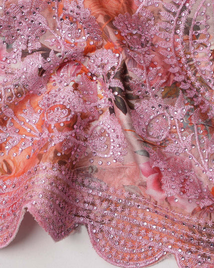 Peach Pink Floral Cotton Fabric with Multicolor Rose Print, Lavender Embroidery and Ornate Lace Border, 140 Cms Width, Made in India – 3 Meters Piece-D23696