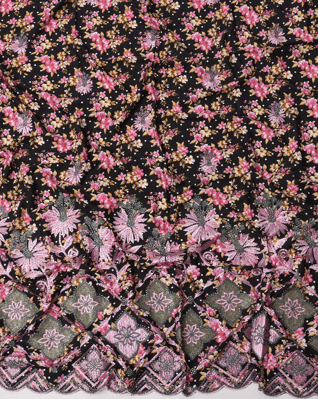 Black Cotton Fabric with Pink and Beige Floral Print and Pink Embroidered Border Design, 3 Meters Piece, 140 Cms Width, Made in India-D23698