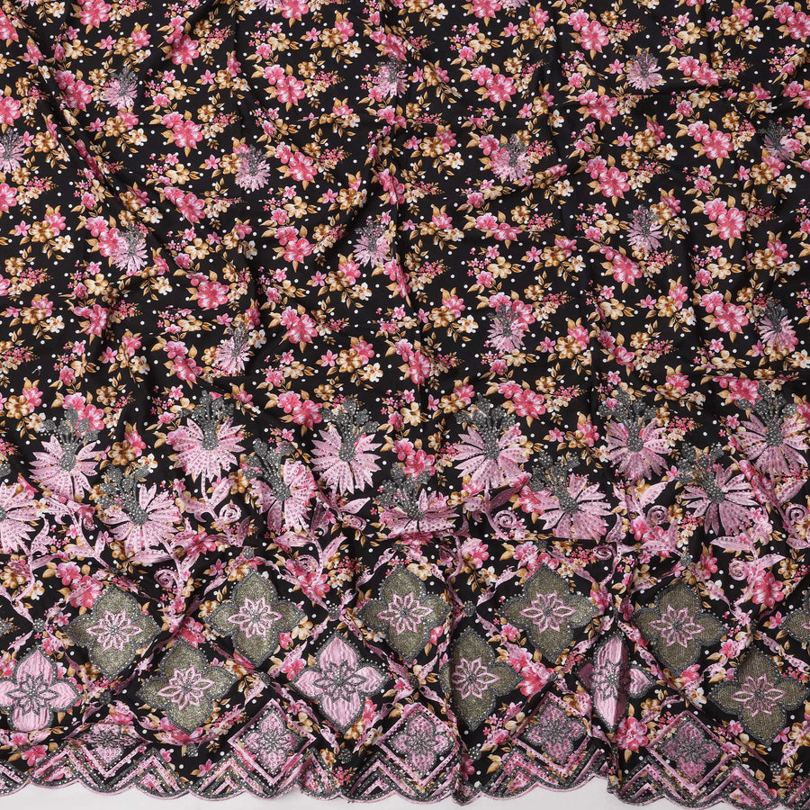 Black Cotton Fabric with Pink and Beige Floral Print and Pink Embroidered Border Design, 3 Meters Piece, 140 Cms Width, Made in India-D23698