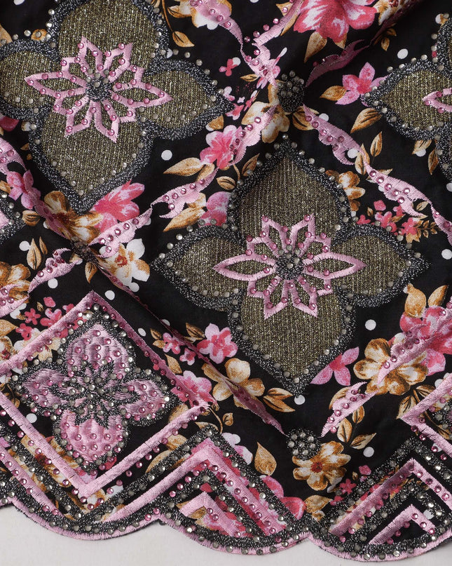 Black Cotton Fabric with Pink and Beige Floral Print and Pink Embroidered Border Design, 3 Meters Piece, 140 Cms Width, Made in India-D23698