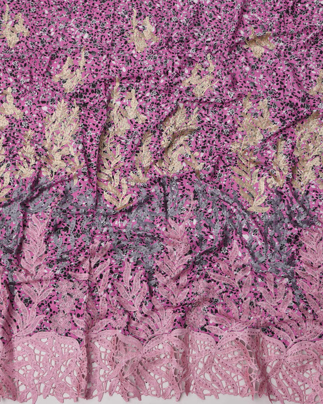Pink Base Dotted Print with Golden Leaf Embroidery and Heavy Pastel Lace Border Cotton Fabric, 140 Cms Width, Made in India – 3 Meters Piece-D23699 - Regal Fabrics