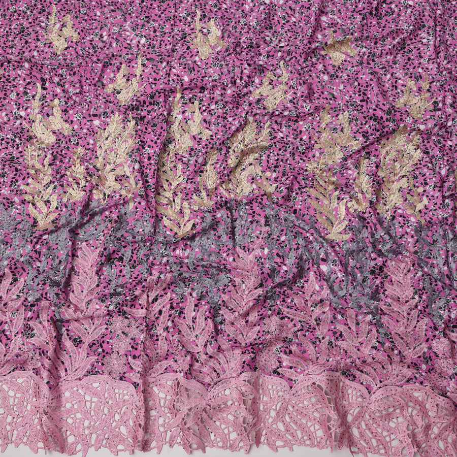 Pink Base Dotted Print with Golden Leaf Embroidery and Heavy Pastel Lace Border Cotton Fabric, 140 Cms Width, Made in India – 3 Meters Piece-D23699 - Regal Fabrics