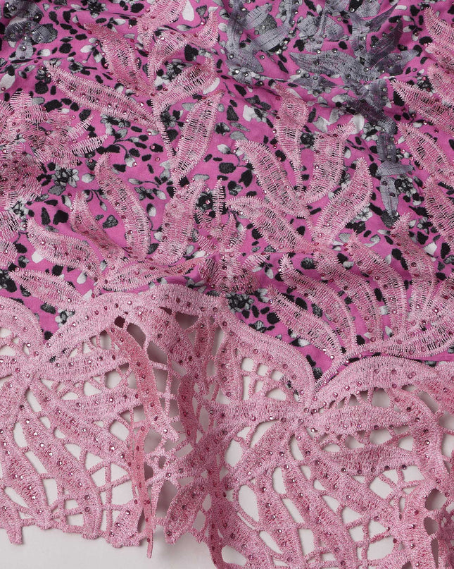 Pink Base Dotted Print with Golden Leaf Embroidery and Heavy Pastel Lace Border Cotton Fabric, 140 Cms Width, Made in India – 3 Meters Piece-D23699 - Regal Fabrics