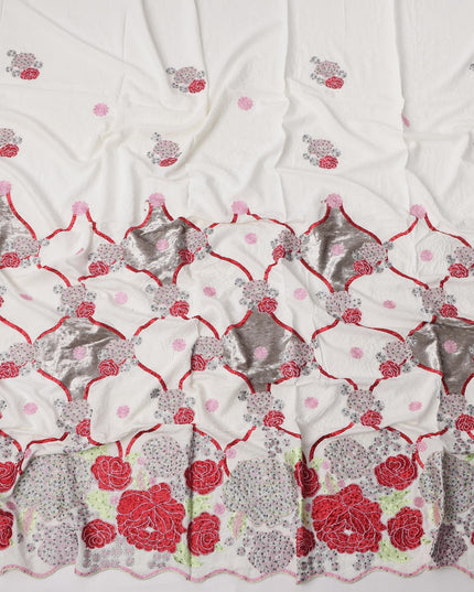 White Cotton Fabric with Red and Silver Floral Embroidery & Mirror Patch Detailing, 140 Cms Width, Made in India – 3 Meters Piece-D23700 - Regal Fabrics
