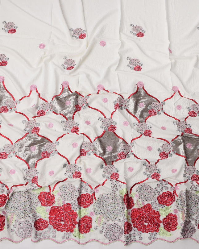 White Cotton Fabric with Red and Silver Floral Embroidery & Mirror Patch Detailing, 140 Cms Width, Made in India – 3 Meters Piece-D23700 - Regal Fabrics