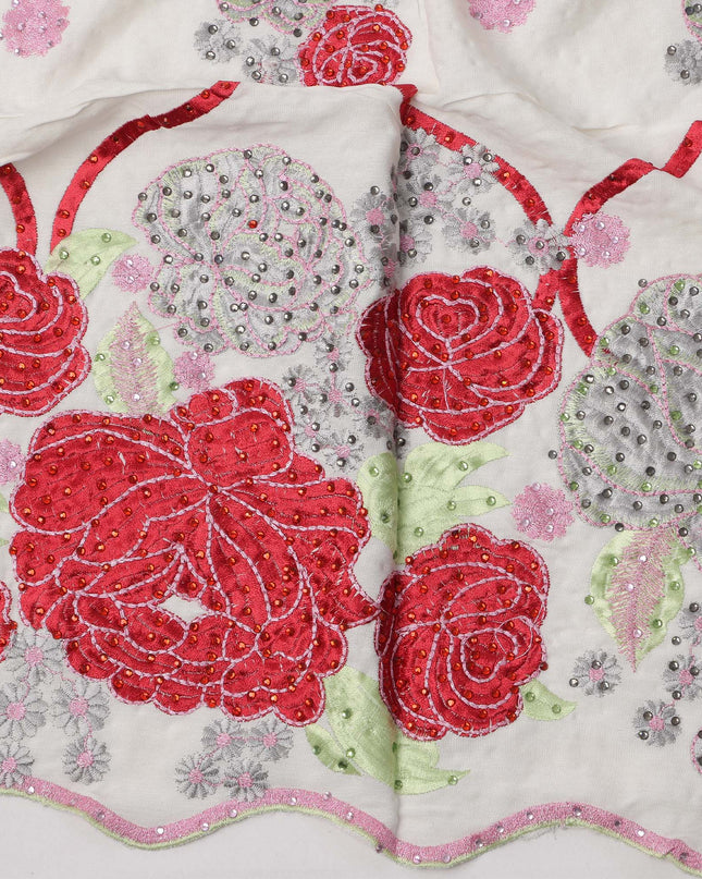 White Cotton Fabric with Red and Silver Floral Embroidery & Mirror Patch Detailing, 140 Cms Width, Made in India – 3 Meters Piece-D23700 - Regal Fabrics