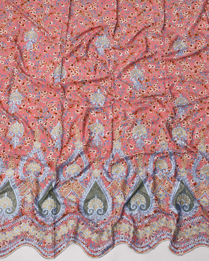 Peach Base Floral Print with Multicolor Embroidery and Ornate Teardrop Border Cotton Fabric, 140 Cms Width, Made in India – 3 Meters Piece-D23701 - Regal Fabrics
