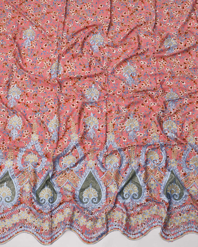 Peach Base Floral Print with Multicolor Embroidery and Ornate Teardrop Border Cotton Fabric, 140 Cms Width, Made in India – 3 Meters Piece-D23701 - Regal Fabrics