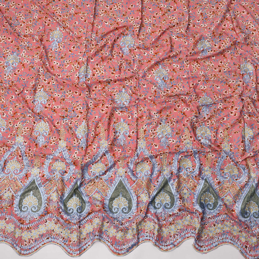 Peach Base Floral Print with Multicolor Embroidery and Ornate Teardrop Border Cotton Fabric, 140 Cms Width, Made in India – 3 Meters Piece-D23701 - Regal Fabrics