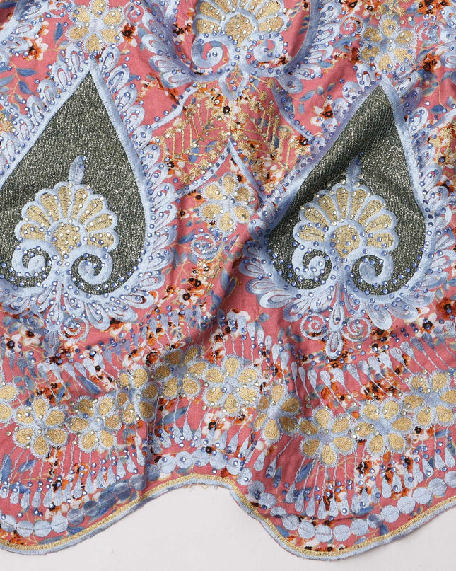 Peach Base Floral Print with Multicolor Embroidery and Ornate Teardrop Border Cotton Fabric, 140 Cms Width, Made in India – 3 Meters Piece-D23701 - Regal Fabrics
