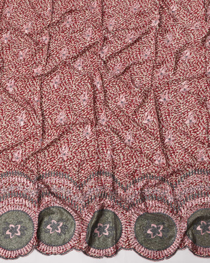 Maroon Base Abstract Print with Pink Floral Embroidery and Circular Border Motifs Cotton Fabric, 140 Cms Width, Made in India – 3 Meters Piece-D23702 - Regal Fabrics