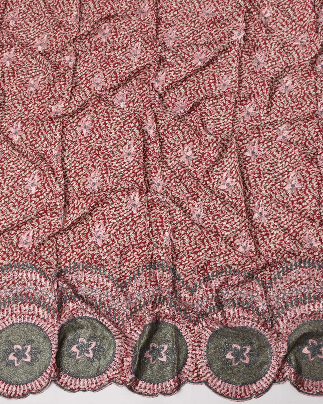 Maroon Base Abstract Print with Pink Floral Embroidery and Circular Border Motifs Cotton Fabric, 140 Cms Width, Made in India – 3 Meters Piece-D23702 - Regal Fabrics
