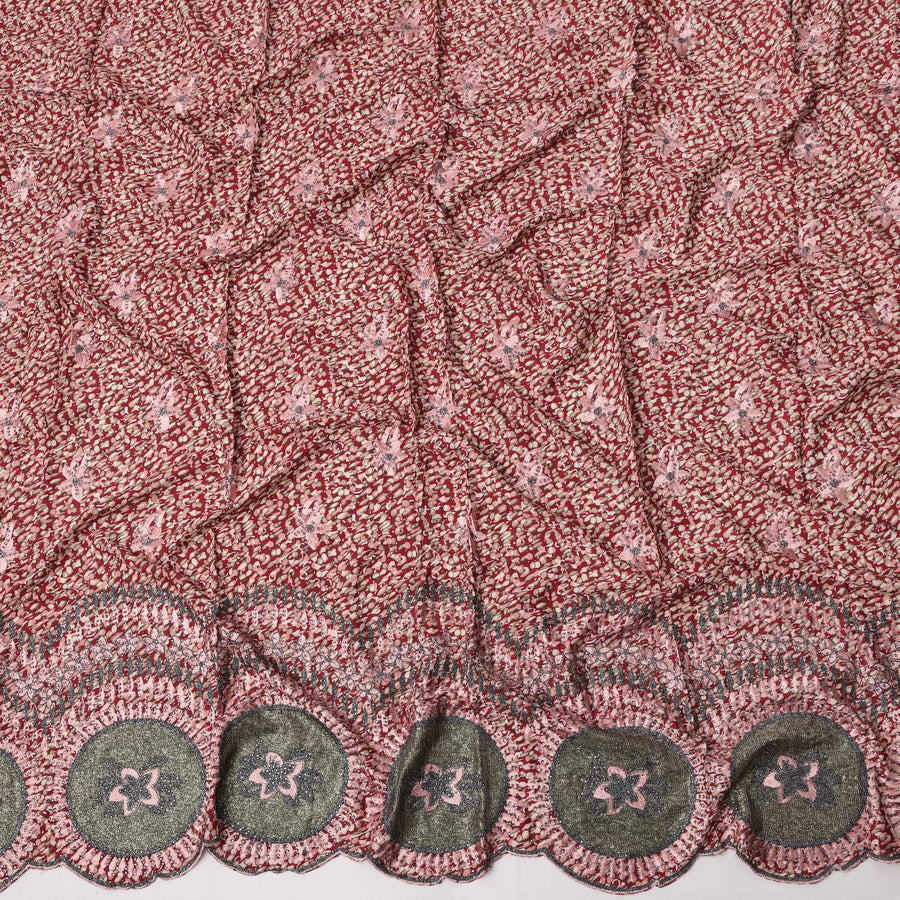 Maroon Base Abstract Print with Pink Floral Embroidery and Circular Border Motifs Cotton Fabric, 140 Cms Width, Made in India – 3 Meters Piece-D23702 - Regal Fabrics
