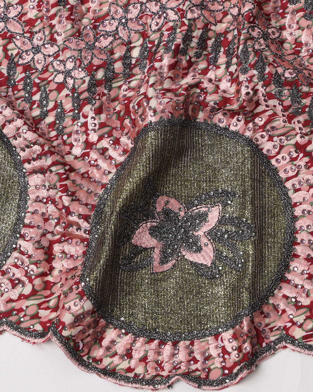 Maroon Base Abstract Print with Pink Floral Embroidery and Circular Border Motifs Cotton Fabric, 140 Cms Width, Made in India – 3 Meters Piece-D23702 - Regal Fabrics