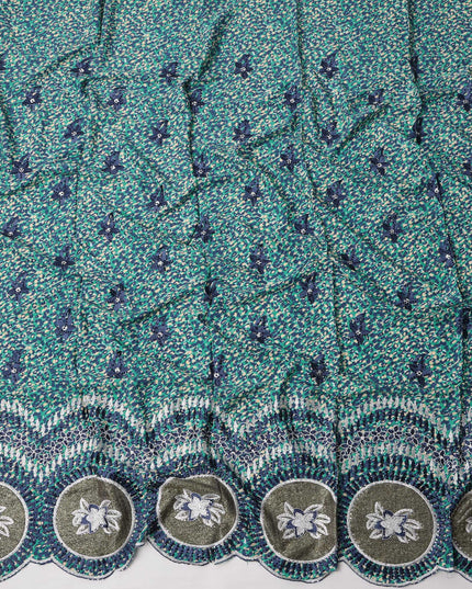 Teal Blue Cotton Fabric with Diagonal Dotted Print, Navy Floral Embroidery and Metallic Circular Border Motifs, 140 Cms Width, Made in India – 3 Meters Piece-D23703 - Regal Fabrics