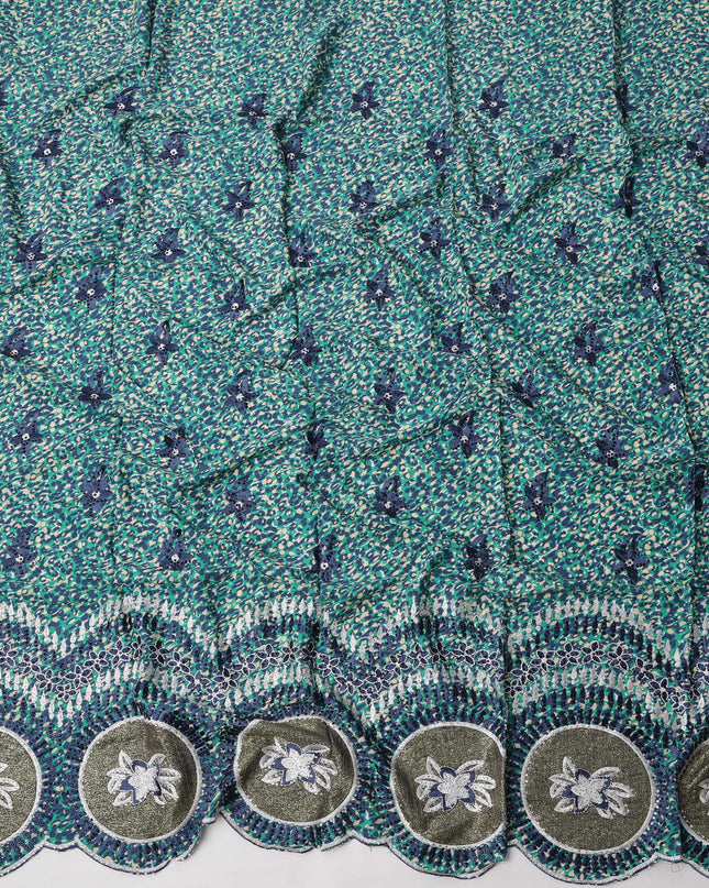 Teal Blue Cotton Fabric with Diagonal Dotted Print, Navy Floral Embroidery and Metallic Circular Border Motifs, 140 Cms Width, Made in India – 3 Meters Piece-D23703 - Regal Fabrics