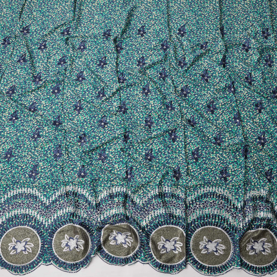 Teal Blue Cotton Fabric with Diagonal Dotted Print, Navy Floral Embroidery and Metallic Circular Border Motifs, 140 Cms Width, Made in India – 3 Meters Piece-D23703 - Regal Fabrics