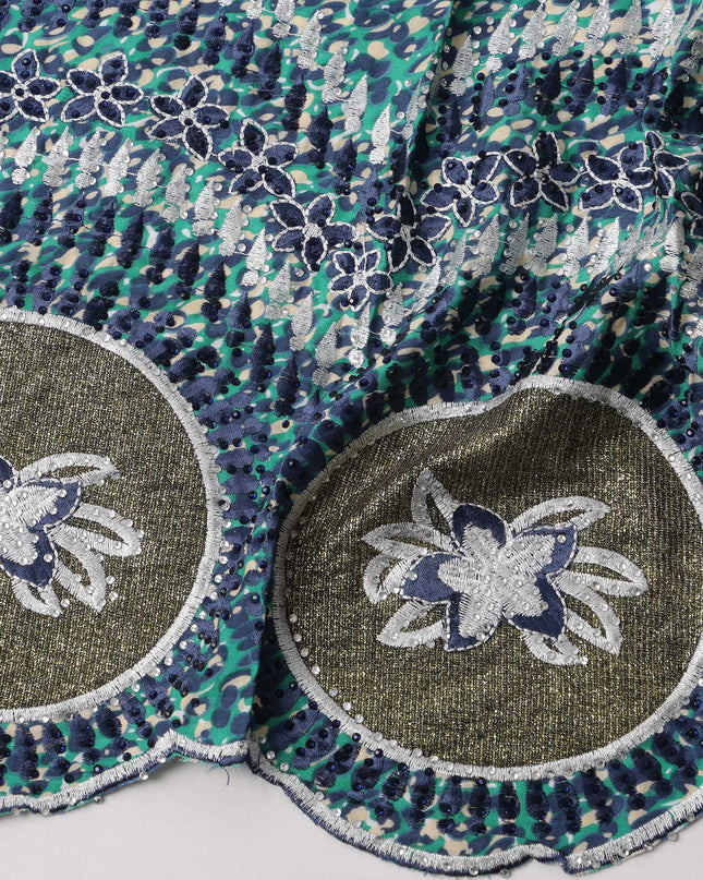 Teal Blue Cotton Fabric with Diagonal Dotted Print, Navy Floral Embroidery and Metallic Circular Border Motifs, 140 Cms Width, Made in India – 3 Meters Piece-D23703 - Regal Fabrics