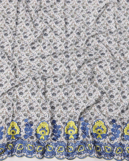 White Base Floral Vine Print with Blue and Yellow Thread Embroidery and Decorative Border Cotton Fabric, 140 Cms Width, Made in India – 3 Meters Piece-D23704