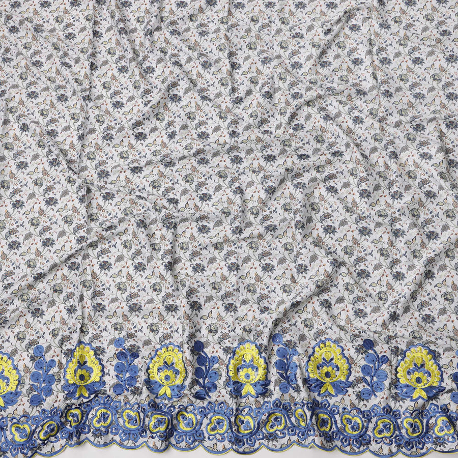 White Base Floral Vine Print with Blue and Yellow Thread Embroidery and Decorative Border Cotton Fabric, 140 Cms Width, Made in India – 3 Meters Piece-D23704