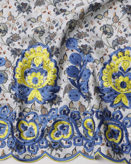 White Base Floral Vine Print with Blue and Yellow Thread Embroidery and Decorative Border Cotton Fabric, 140 Cms Width, Made in India – 3 Meters Piece-D23704