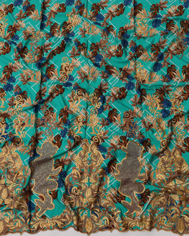 Turquoise Cotton Fabric with Multicolor Floral Embroidery and Geometric Print, 140 Cms Width, Made in India-D23705 - Regal Fabrics