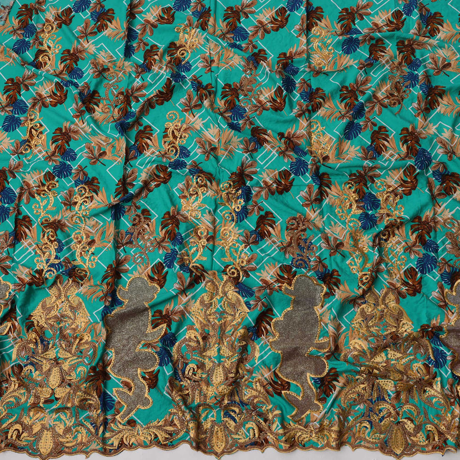 Turquoise Cotton Fabric with Multicolor Floral Embroidery and Geometric Print, 140 Cms Width, Made in India-D23705 - Regal Fabrics