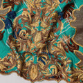 Turquoise Cotton Fabric with Multicolor Floral Embroidery and Geometric Print, 140 Cms Width, Made in India-D23705 - Regal Fabrics