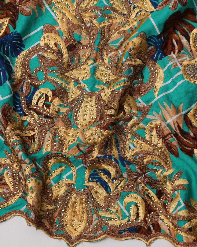 Turquoise Cotton Fabric with Multicolor Floral Embroidery and Geometric Print, 140 Cms Width, Made in India-D23705 - Regal Fabrics