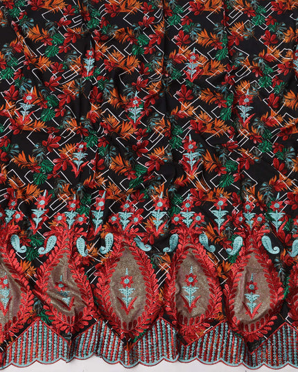 Black Cotton Fabric with Multicolor Floral Print and Red Embroidered Border Design, 3 Meters Piece, 140 Cms Width, Made in India-D23706